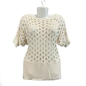 Kieu's Women's Cream Open Knit Boatneck Short Sleeve Pullover Sweater SZ Small
